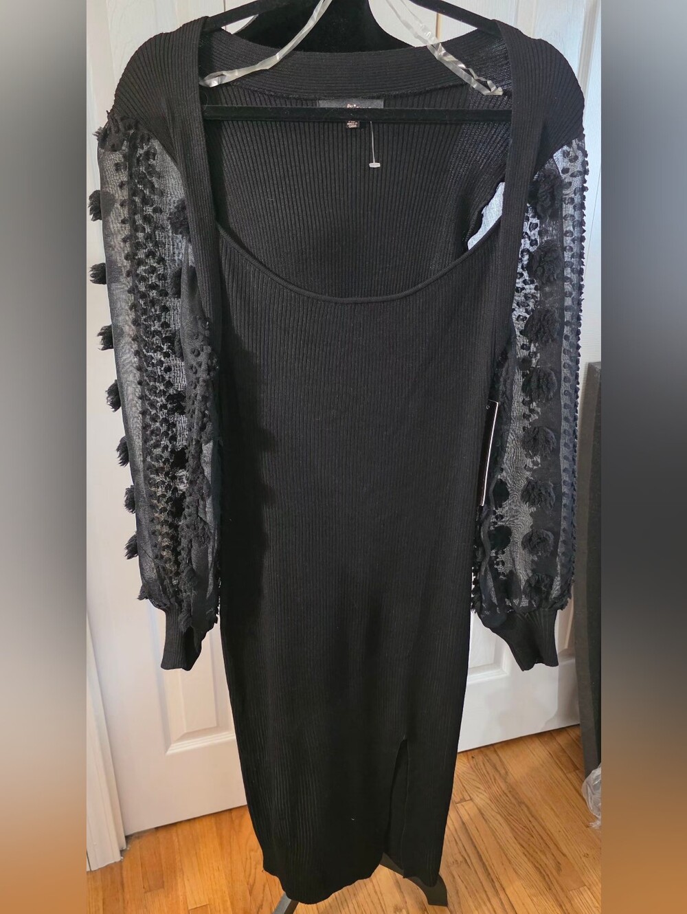 Almost Famous Black Midi Ribbed Dress with Sheer Pom-Pom Detail